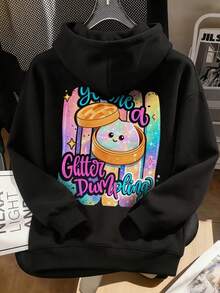Tween Girls Glitter Dumpling Cartoon Back Print Oversized Hoodie - Black - View 2