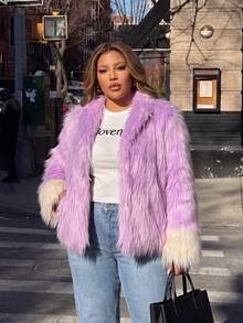 Astrid Plus Size Autumn/Winter Fashion Colorblock Patchwork Plush Jacket - Purple - View 5