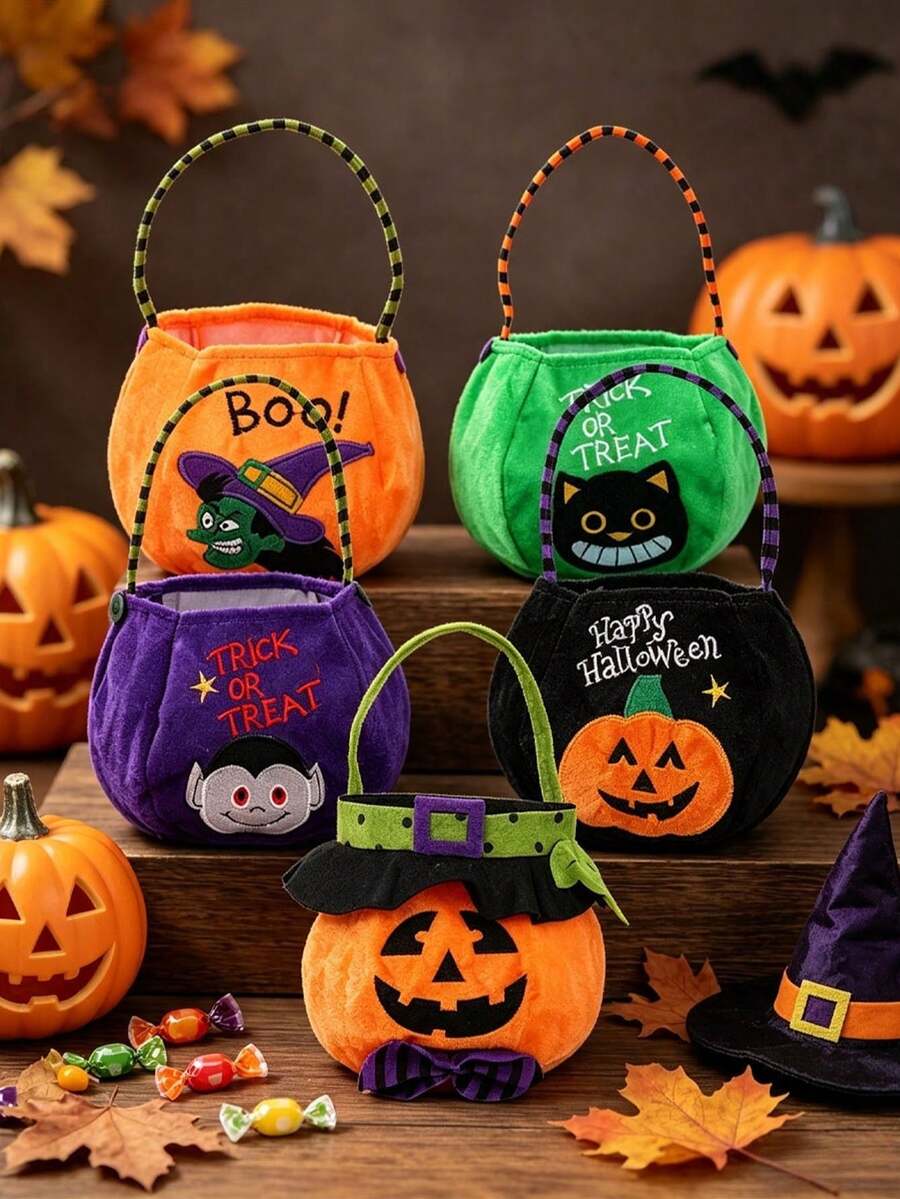 Halloween Trick Or Treat Candy Bags, 5 Styles Soft Plush Pumpkin Candy Buckets, Reusable Children's Halloween Gift Bags, Suitable For Party Favors And Cosplay - Multicolor - View 1