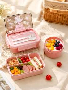 3pcs Pink Lunch Box Set, PP Material Bento Box, Cute Cartoon Print Portable Meal Box, Food Storage Container, Suitable For Students And Office Workers To Carry Meals - Pink - View 7