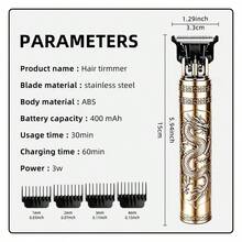 KIKIDO Men's Vintage Dragon Engraved Hair Clipper, USB Rechargeable T-Blade Electric Trimmer, Professional Barber Beard And Contour Trimmer, With 4 Guide Combs, Father's Day Gift Men's Beard Clipper, Vintage Engraved Dragon Electric Hair Clipper, 1/2 - View 9