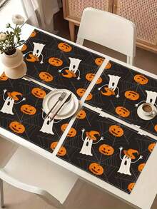 1pc Halloween Pattern Printed Linen Table Runner, Placemat, Suitable For Holiday, Party, Birthday, Dinner, Kitchen Dining Table Decoration, Shoe Cabinet Storage Cabinet Cover, All Season Room Decor, Home Textile Decoration Table Runner, Placemat - Multicolor - View 4