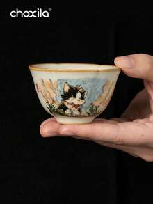 choxila 1 pieza Taza de té con forma de gato lindo y boca de girasol de 50ml, taza de té de cerámica con esmalte de grietas de hielo de horno Ru, taza maestra personal para amantes del té - taza - Ver 5