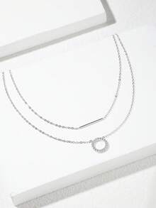 SYMFNY 1pc 925 Sterling Silver Round Open Cubic Zirconia Layered Pendant Necklace - Silver - View 3