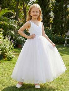 Flower Girls Spaghetti Strap Tulle Dress Long A Line Wedding Pageant Dresses Princess Birthday Party Ball Gown Bridesmaid Dresses White - 白色 - 查看 5