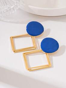 1 paire de boucles d'oreilles pendantes longues personnalisées minimalistes en émail bleu rond avec losange métallique creux géométrique multicouche, convient pour le port quotidien des femmes, petit cadeau pour les amies - Bleu azur - Voir 6