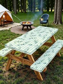 3 PiecesPicnic Tablecloth Set With Bench Cover, Elastic Edge Design, Floral Line Pattern, Washable Rectangular Tablecloth, Suitable For Wedding, Camping, Picnic, Garden Party And More, Practical Essential - F - View 1