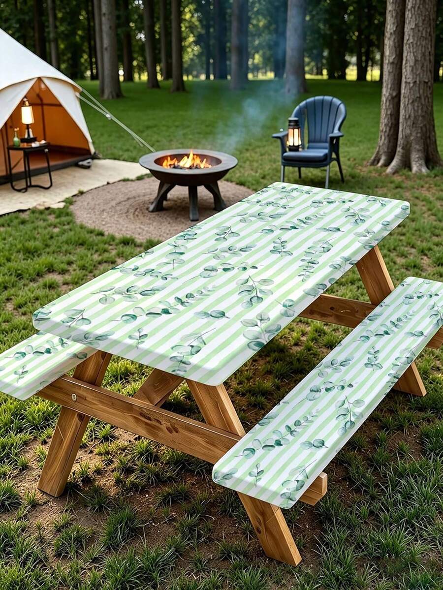 3 PiecesPicnic Tablecloth Set With Bench Cover, Elastic Edge Design, Floral Line Pattern, Washable Rectangular Tablecloth, Suitable For Wedding, Camping, Picnic, Garden Party And More, Practical Essential - F - View 1