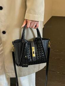 SHIMEINI 2pcs/Set New Fashion Woven Hollow Strap Decor Shoulder Handbag Crossbody Bag Suitable For Women's Daily Use, Work Commute, Vacation Travel, Holiday, Party, Shopping, Gift - Black - View 2