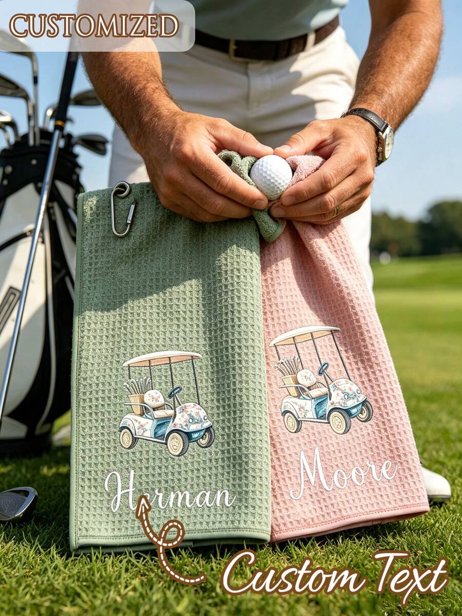 Personalized Golf Towel, Customizable Initial/Name And Floral Pattern, High-Quality Quick-Dry Sports Towel With Clip