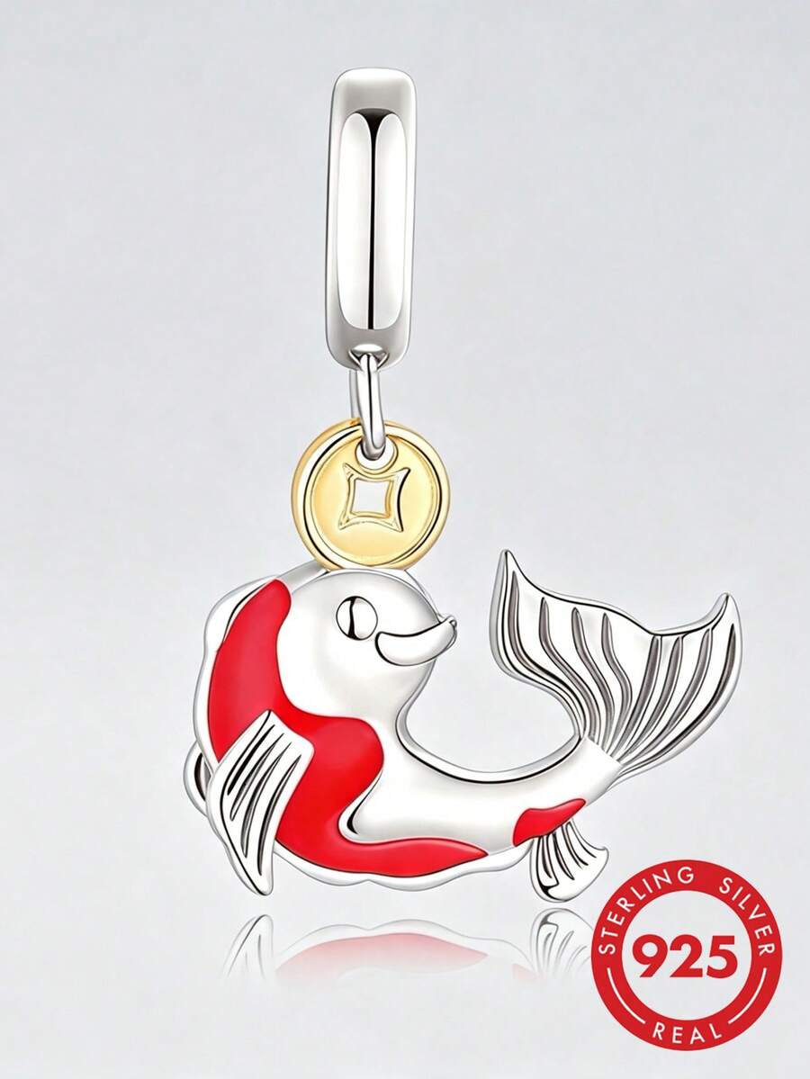 1pc S925 Sterling Silver Koi Fish Coin Pendant, Red Resin Chinese Style Lucky Koi Coin Color-Block Gold Coin DIY Bracelet Perforated Silver Pendant - Silver - View 1