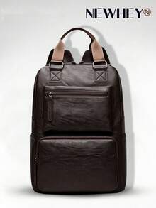 NEWHEY Multi-Compartment PU Soft Leather Men's Backpack Fits 15.6-Inch Business Laptop Large Capacity Travel Bag Lightweight School Bag Daily Personal Item - Brown - View 1