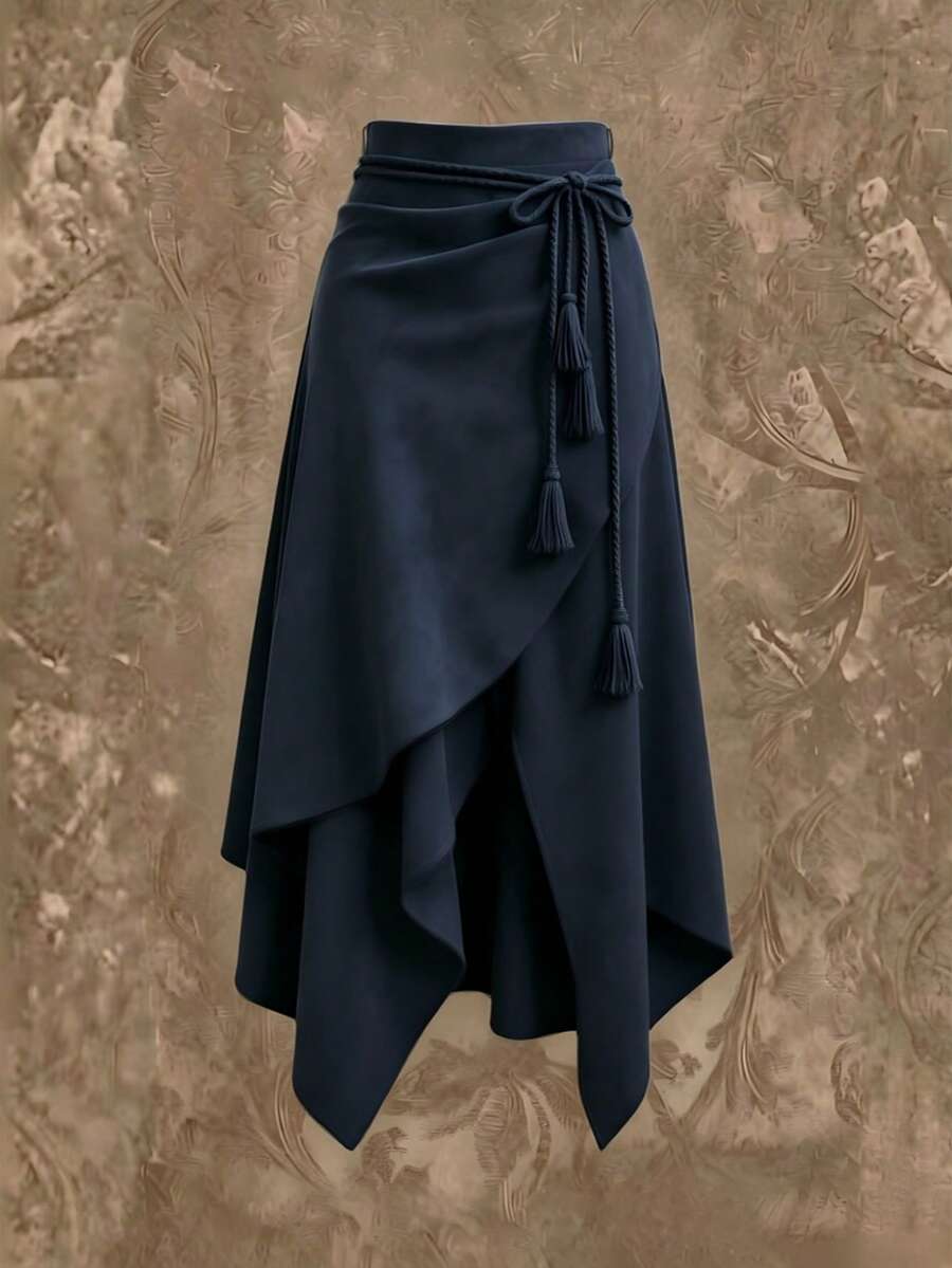 Vintage Western Style Asymmetrical Mid-Length Skirt With Waist Tie And ...