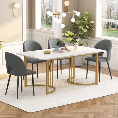 Dining Set (Set, 140*80cm Dining Table With 4 Chairs), Modern Kitchen Table Set, Velvet Dining Chair With Diamond Pattern, Adjustable Chair Legs, Grey Velvet, MDF Tabletop In White, Golden Table Legs