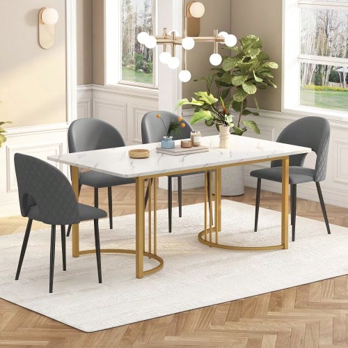 Dining Set (Set, 140*80cm Dining Table With 4 Chairs), Modern Kitchen Table Set, Velvet Dining Chair With Diamond Pattern, Adjustable Chair Legs, Grey Velvet, MDF Tabletop In White, Golden Table Legs