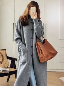 Plus Size Women Grey Plus Size Long Knit Cardigan High Neck Button Front Pocket Loose Sweater Coat Autumn Winter Lazy Style Fall - Grey - View 4