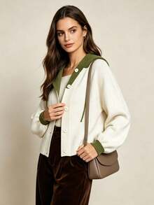 Women's Colorblock Front Button Hooded Cardigan Sweater, Casual Long Sleeve Knit Cardigan, Suitable For Autumn/Winter Daily Wear - White - View 10
