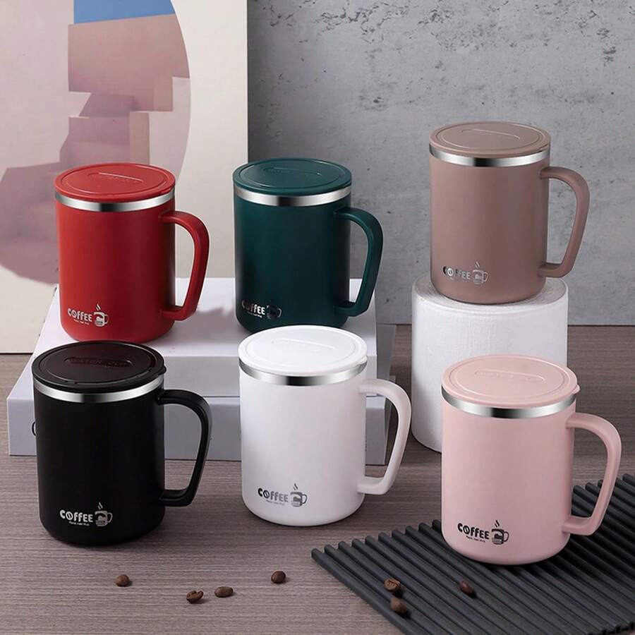 1個 480ML 雙層保溫咖啡杯，便攜式 304 不鏽鋼水杯附蓋與手柄，防漏飲水杯，防燙牛奶茶咖啡杯，適合學生與成人居家、辦公室、野餐、露營、開學使用