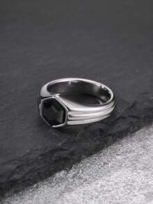 1 buah Cincin Perak Cor Heksagonal Stainless Steel Vintage dengan Zirkonia Hitam untuk Pria, Aksesori Perhiasan, Hadiah Liburan - RC985S - View 1