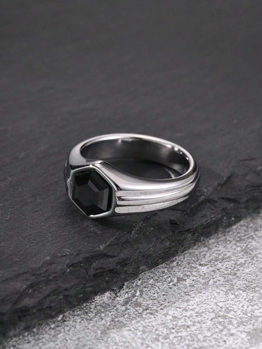 1 buah Cincin Perak Cor Heksagonal Stainless Steel Vintage dengan Zirkonia Hitam untuk Pria, Aksesori Perhiasan, Hadiah Liburan - RC985S - View 1