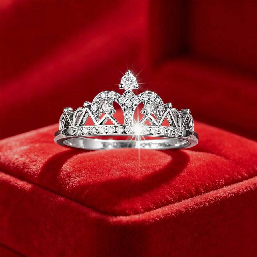 1pc Elegant Crown Shaped Cubic Zirconia Ring For Women - 56306 Silver + White - View 1