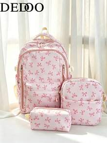 Dedoo Set de 3 piezas de mochila, estampado de lazo, diseño de múltiples bolsillos, gran capacidad, mochila escolar para estudiantes, campus universitario, estilo lindo para niñas, mochila diaria para estudiantes - Rosa - Ver 2