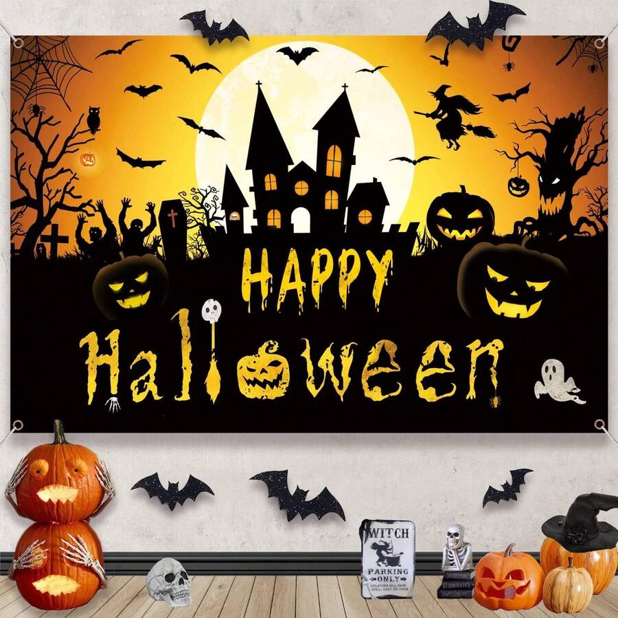 1Pc Halloween Banner Blood Print Horror Pumpkin Castle Bat Zombie Skeleton Pattern Happy Halloween Theme Party Decoration Indoor And Outdoor Decoration Photography Background Wall Art Halloween Home Decoration
