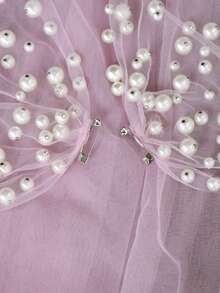 1 Pair Pink Soft Tulle Long Train Shoulder Shawl With Pin, Arm And Shoulder Coverage, Pearl Beaded Wedding Accessory Floating Veil - Multicolor - View 4