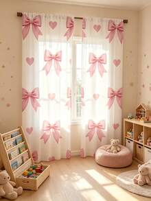 2pcs Sweet & Cute Style Curtains, Pink Bow & Heart Pattern, Flat Print, Easy To Use, Baby Shower Decoration, Kids Room, Home, Holiday Decor, Baby Gift - Multicolor - View 2