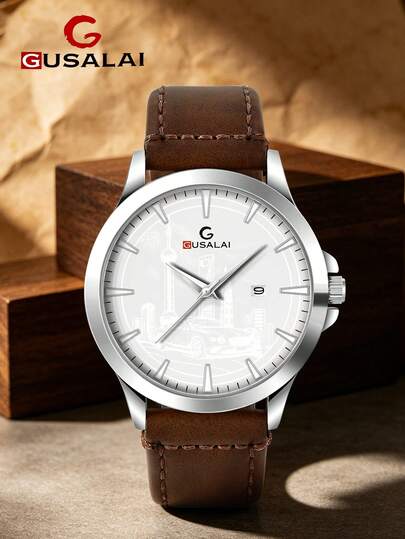 GUSALAI Men's Embossed Wrist Watch City Car Dial PU Leather Quartz Watch Business Casual Watch