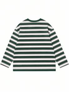 Atasan Wanita Retro Garis-garis Hijau & Putih Longgar Lengan Panjang Leher Bulat Bahu Jatuh - Putih - View 4