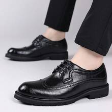 Men's Formal Brogue Lace-Up Thick Sole Derby Shoes, British Style Business Casual Versatile Commuter Shoes - Black - View 6