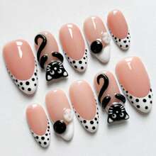 10pcs Almond Shaped Handmade Press-On Nails, White French Tip, Polka Dot, 3D Cat, Button Decor, Minimalist Cute Acrylic Fake Nails, Suitable For Girls And Women Daily, Vacation, School, Date And Other Occasions, Includes Jelly Glue And Nail File - Black and White - View 1