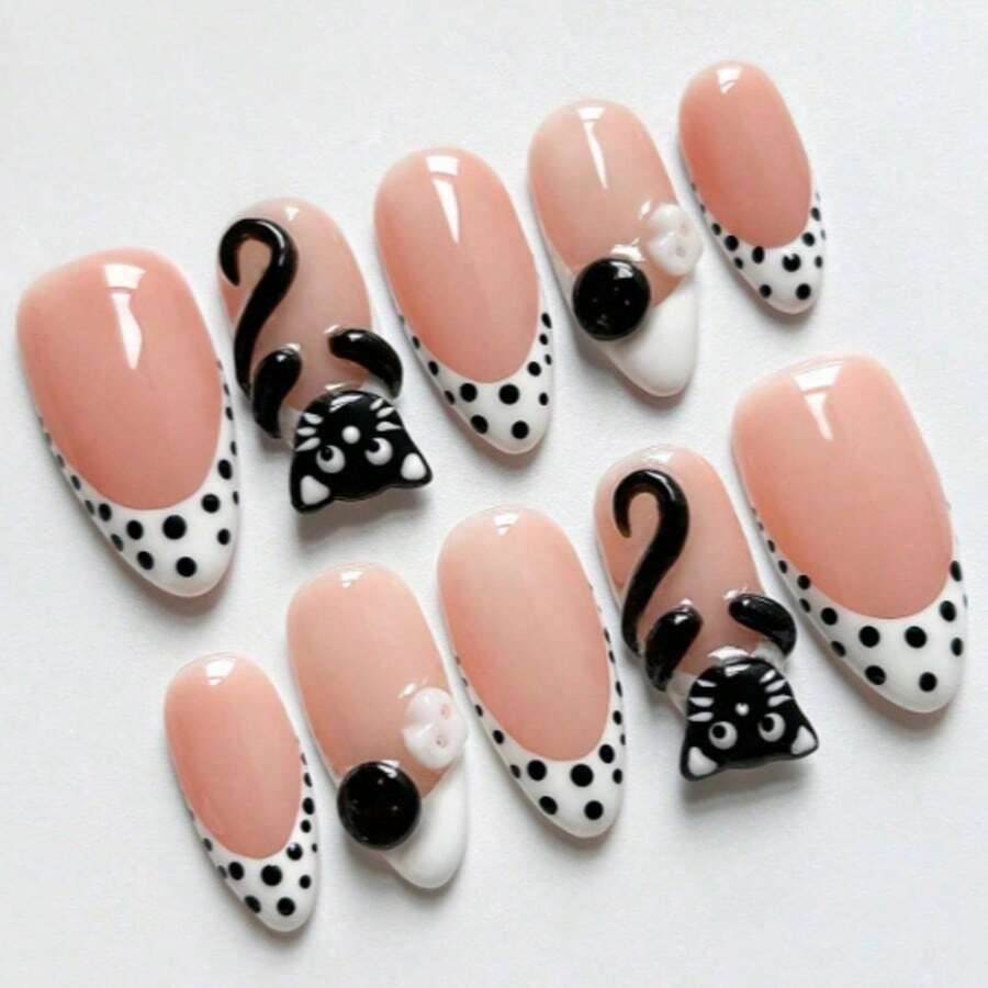 10pcs Almond Shaped Handmade Press-On Nails, White French Tip, Polka Dot, 3D Cat, Button Decor, Minimalist Cute Acrylic Fake Nails, Suitable For Girls And Women Daily, Vacation, School, Date And Other Occasions, Includes Jelly Glue And Nail File - Black and White - View 1