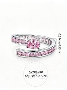 1pc Silver Luxury Sweet Pink Zirconia Open Ring, Suitable For Women's Daily Commute, Date, Party, Vacation Wear, Jewelry Gift - Silver - View 1