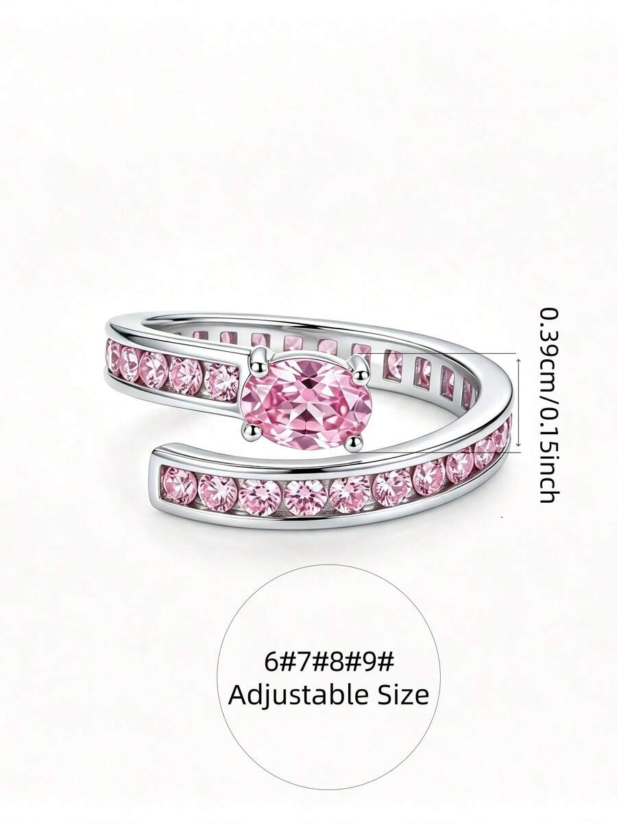 1pc Silver Luxury Sweet Pink Zirconia Open Ring, Suitable For Women's Daily Commute, Date, Party, Vacation Wear, Jewelry Gift - Silver - View 1
