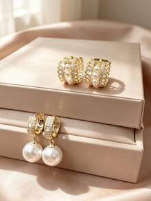 4pcs/Set Luxury Elegant Copper Inlaid Zirconia Water Drop Pendant Earrings, Elegant Pearl Geometric Round Ear Studs, Party Date Gift - Multicolor - View 10