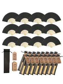3-60pcs Black Bamboo Folding Hand Fan Set With Organza Gift Bags And Thank You Tags, Wedding Guest Hand Fans, Wedding Guest Favors, Gothic Wedding Favors, Halloween Party Favors, Bridal Shower Gifts, Autumn Wedding And Masquerade Party Decor - Black - View 1