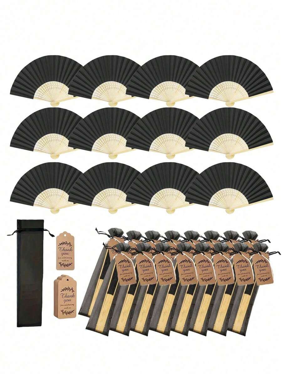 3-60pcs Black Bamboo Folding Hand Fan Set With Organza Gift Bags And Thank You Tags, Wedding Guest Hand Fans, Wedding Guest Favors, Gothic Wedding Favors, Halloween Party Favors, Bridal Shower Gifts, Autumn Wedding And Masquerade Party Decor - Black - View 1