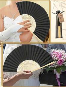 3-60pcs Black Bamboo Folding Hand Fan Set With Organza Gift Bags And Thank You Tags, Wedding Guest Hand Fans, Wedding Guest Favors, Gothic Wedding Favors, Halloween Party Favors, Bridal Shower Gifts, Autumn Wedding And Masquerade Party Decor - Black - View 2