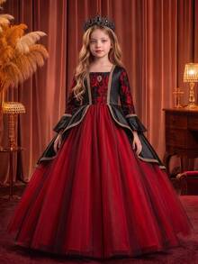 Tween Girls Burgundy And Black Lace Tulle Ball Gown Square Neck Bell Sleeve Formal Evening Dress For Banquet Birthday Gala Pageant Holiday Celebration - Red - View 2