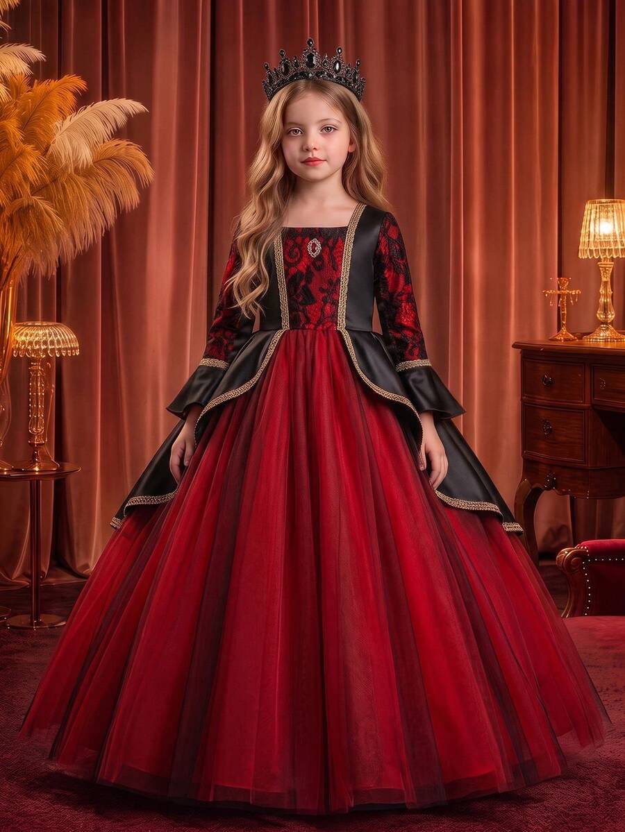 Tween Girls Burgundy And Black Lace Tulle Ball Gown Square Neck Bell Sleeve Formal Evening Dress For Banquet Birthday Gala Pageant Holiday Celebration