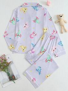 Tween Girls Cute Axolotl Print Button Front Long Sleeve Pajama Set, 2pcs Lapel Top & Pants Soft Sleepwear For Autumn Winter Home Outfit Loungewear - Lilac Purple - View 3