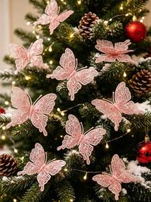 12pcs/3pcs Christmas Tree Butterfly Decorations - 3D Double Layer Shiny Hollow Butterflies, Available In 3 Sizes; Suitable For Christmas Tree, DIY Wreath Making And Holiday Shiny Wall Decor - Multicolor - View 4