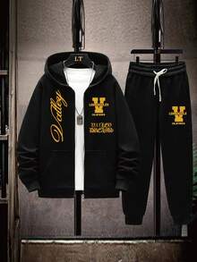 Men's Plus Size Autumn/Winter Creative V Letter Print Casual Zip-Up Hoodie + Casual Sweatpants Set - Black - View 1