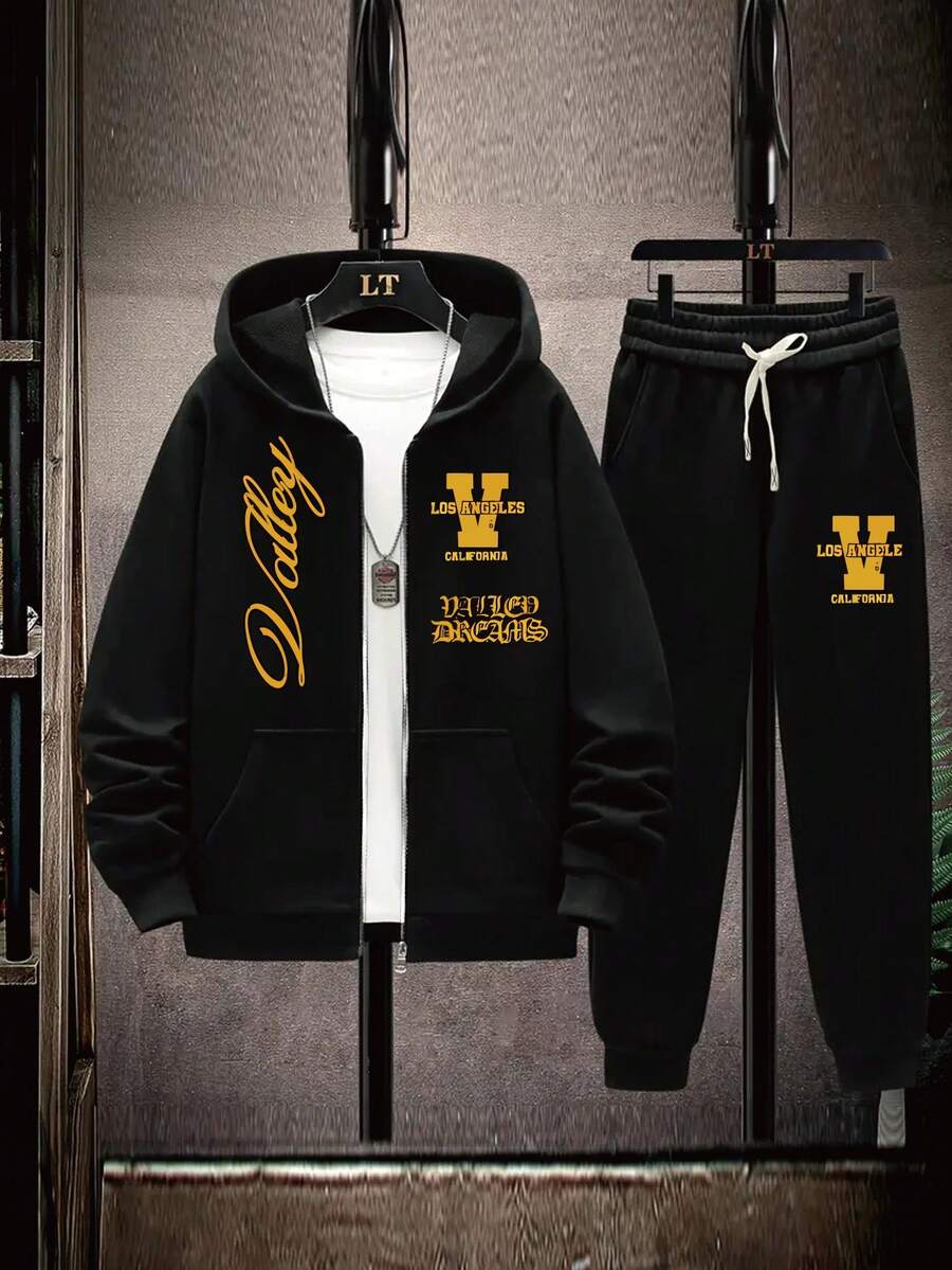 Men's Plus Size Autumn/Winter Creative V Letter Print Casual Zip-Up Hoodie + Casual Sweatpants Set - Black - View 1