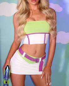 Women's Fun Halloween 2 Piece Outfit Color Block Contrast Design Strapless Tube Crop Top Mini Skirt With Decor Belt Fitted Stretch For Cosplay Party - Mint Green - View 5