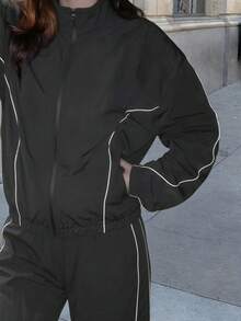 Women's Casual Sports Tracksuit, Zip-Up Jacket And Pants Set For Running, Outdoor, Hiking, Fitness Black Summer - Black - View 8