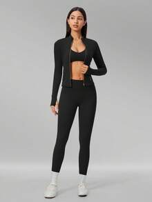 MFVIM Women's Versatile Yoga Bra + Leggings + Jacket 3 Pieces Set, Soft And Skin-Friendly - Premium Black - View 7