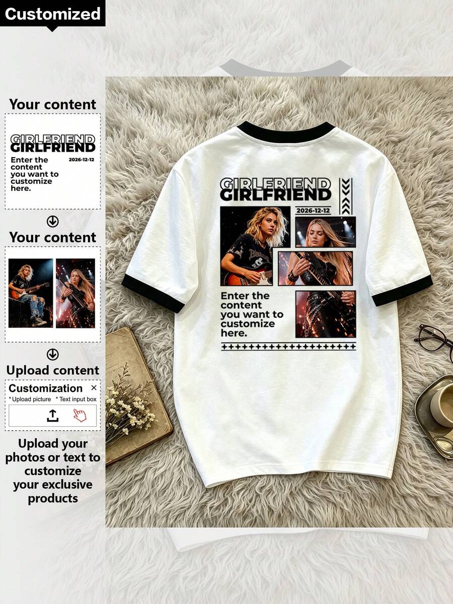 Customized Men's Personalized T-Shirt, Fashion, Casual Style. Can Add Your Own Text/Image (Badge Pattern/Company Logo/Family Photo/Selfie), Gift For Boyfriend, Couple Date T-Shirt And More. And Can Customize Exclusive T-Shirt. - White - View 1